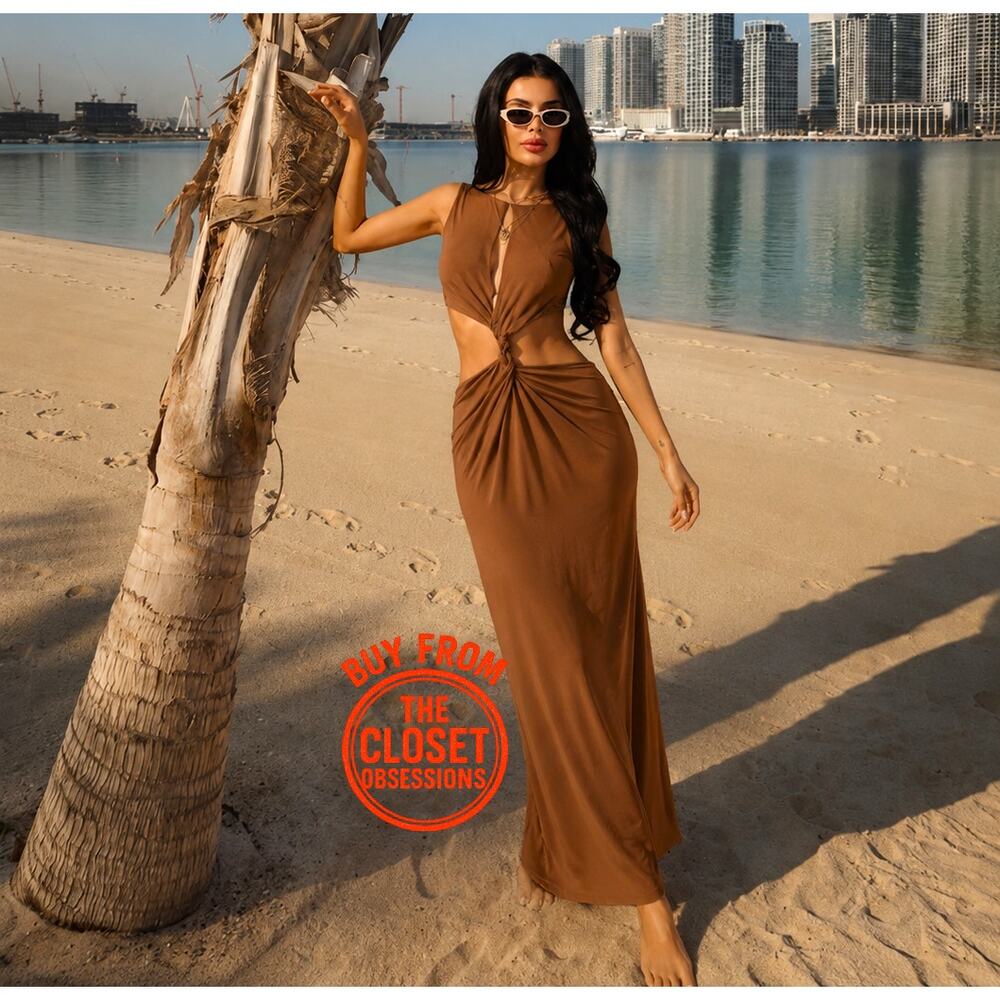 ZARA Brown Cut Out Maxi Dress Vacation Resort Dress NWT - Picture 3 of 16